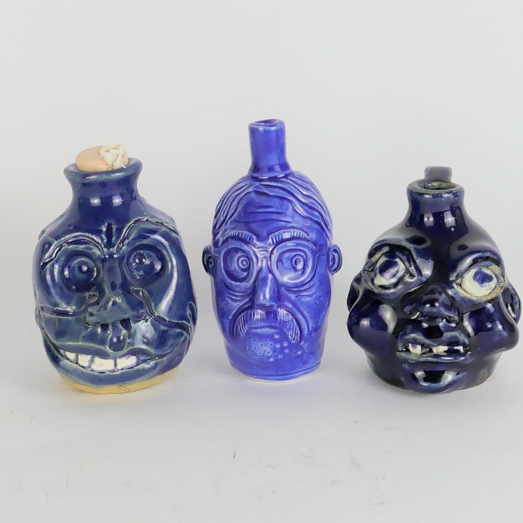 Three Small Blue Glaze Face Jugs