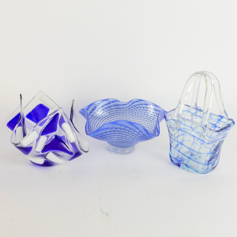 Three Handblown Blue and White Art Deco Glass Pieces