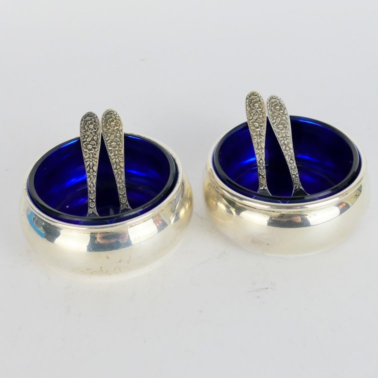 Two Sterling Silver Salt Cellars with Spoons