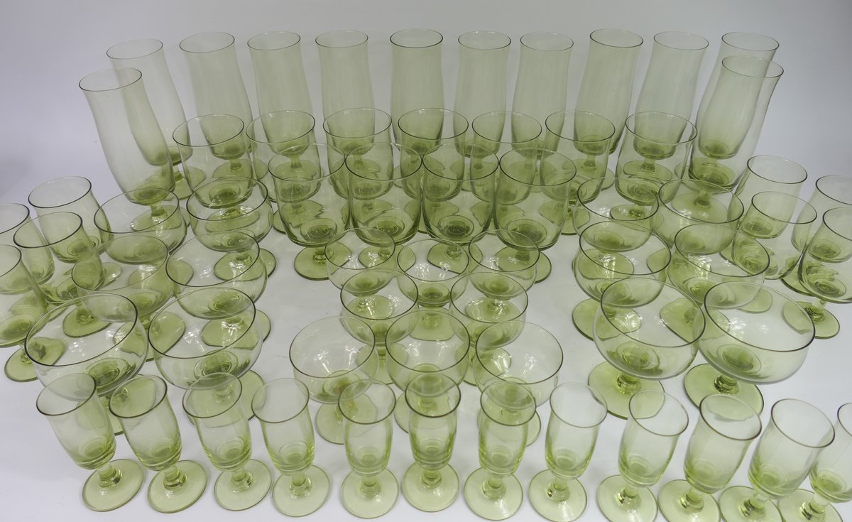Large Collection of Light Olive Green Drinking and Dessert Glasses