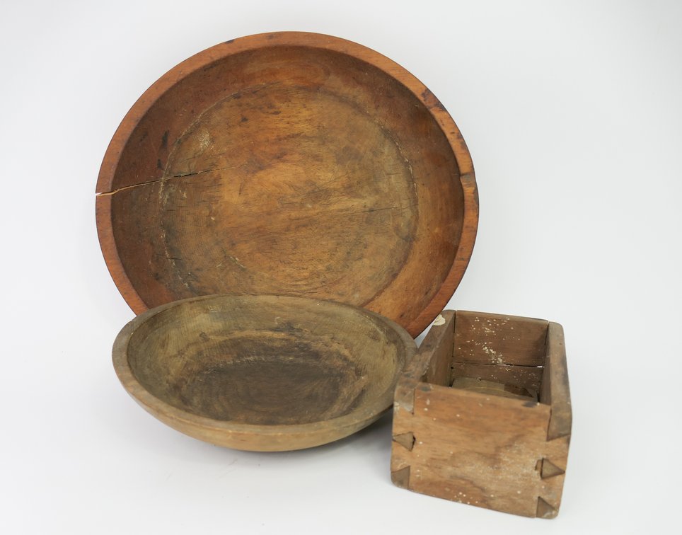 Two Wooden Dough Bowls and Butter Mold