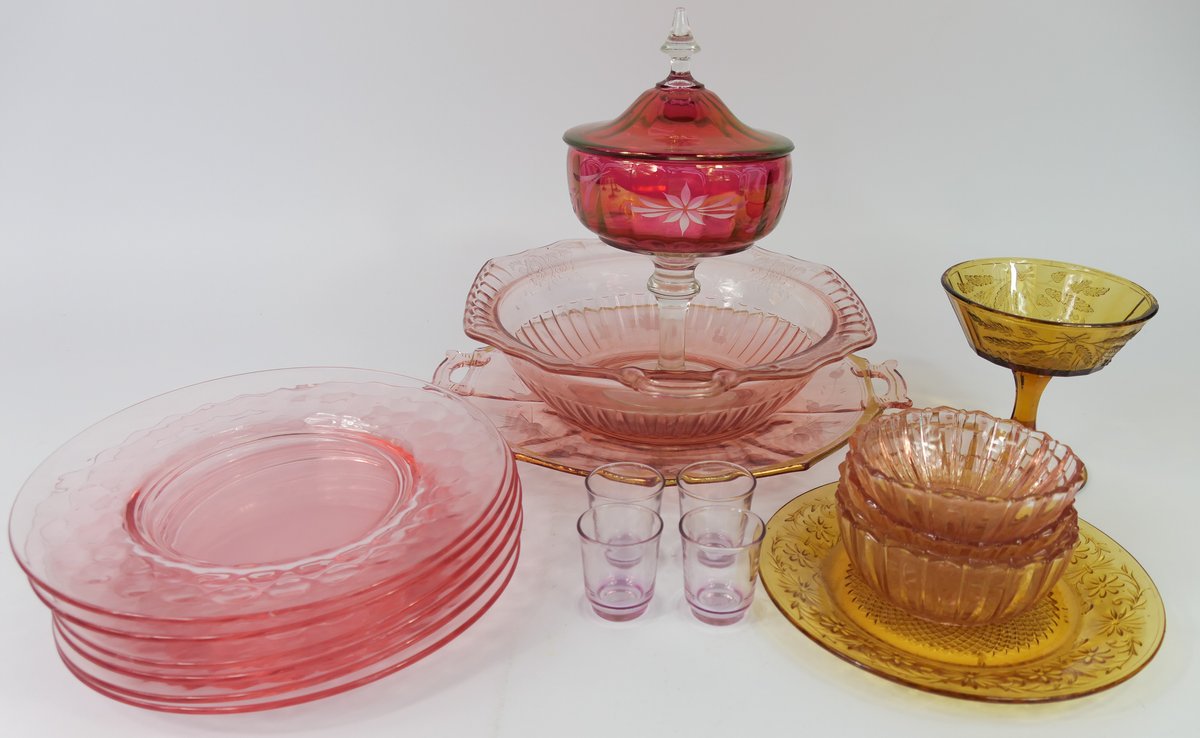 Pink and Amber Depression Glass Dishes