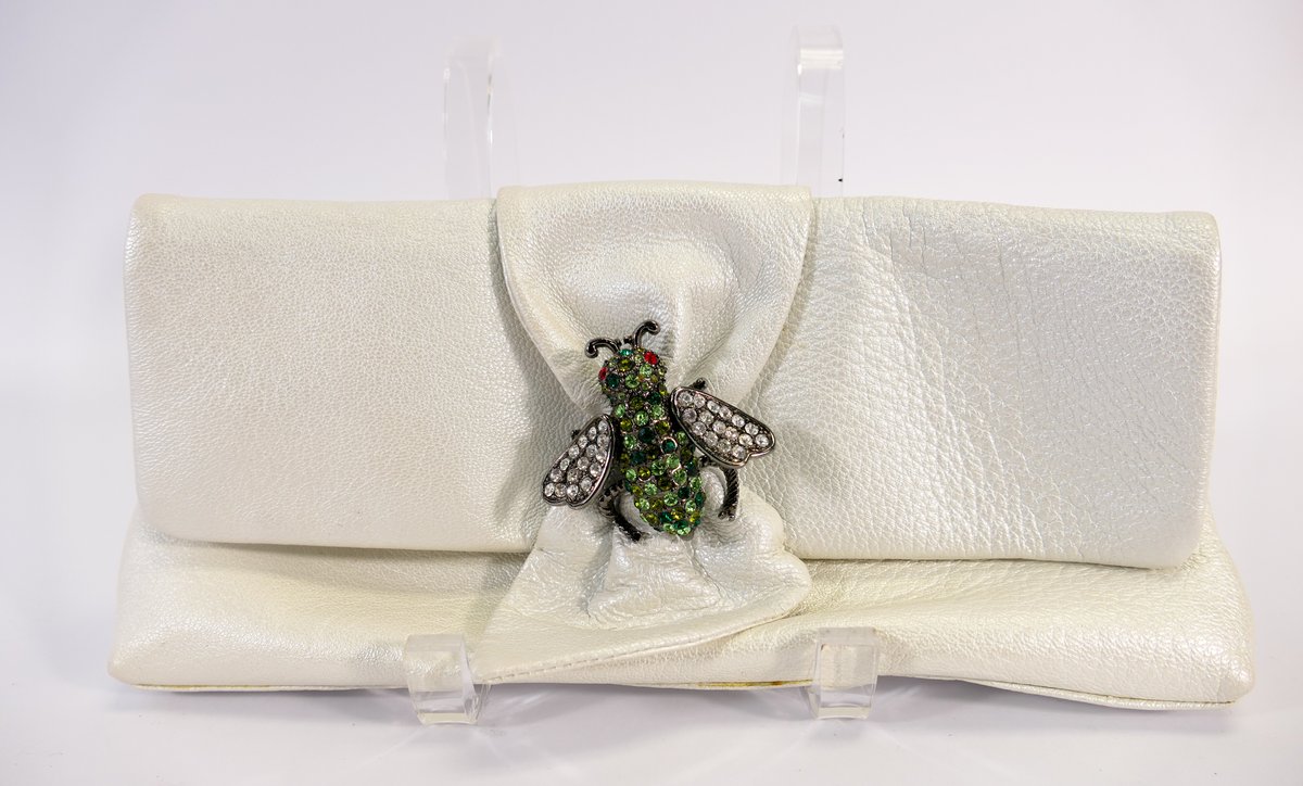Kenneth Jay Lane White Pearlescent Leather Clutch Bag
