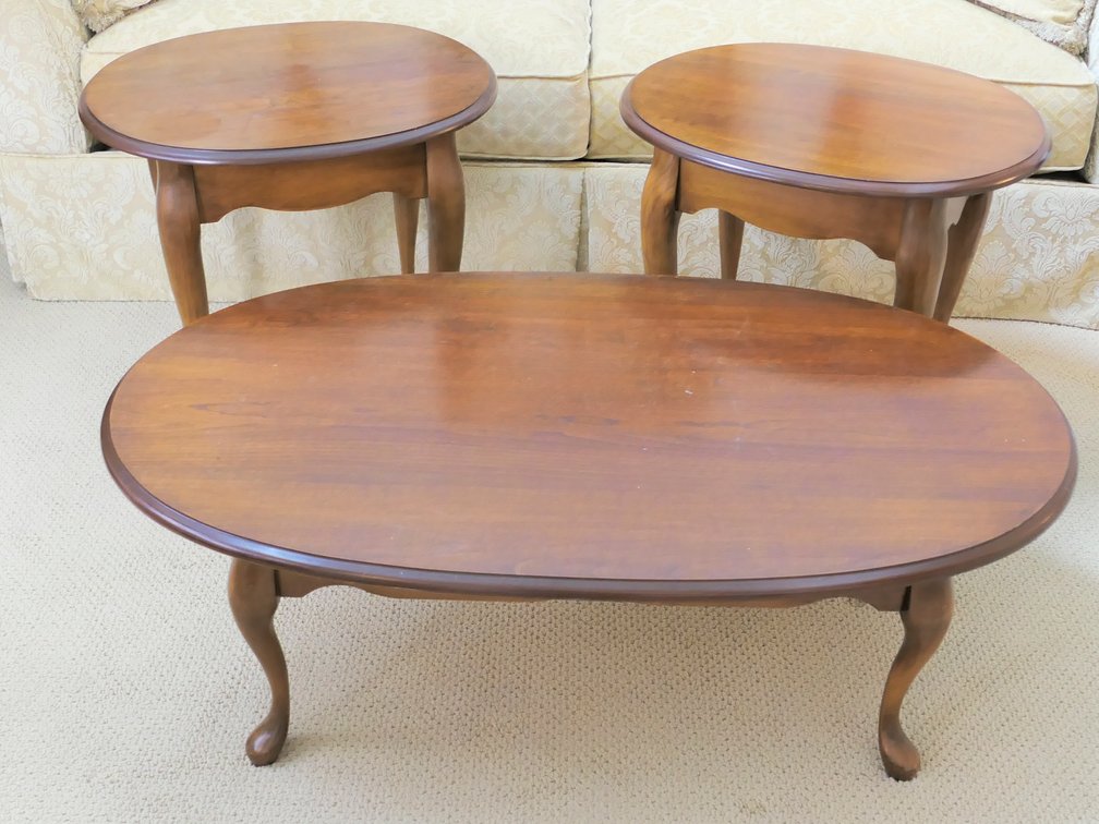 Cherry Finish Oval Coffee Table and Two Lamp Tables