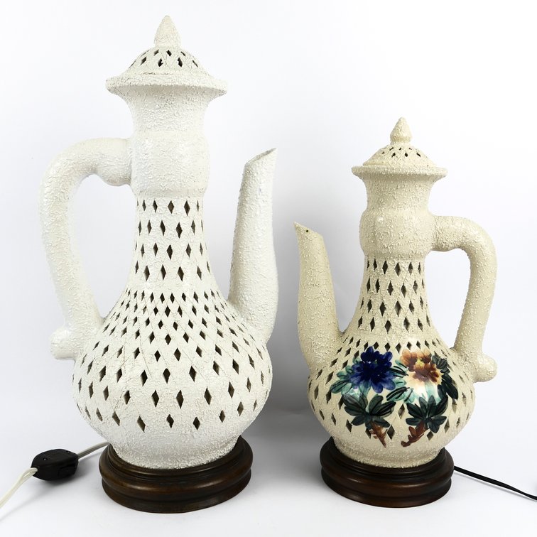 Pair of Pierced Ceramic Ewer Accent Lamps