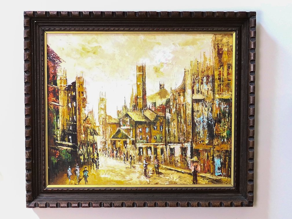 Signed European City Street Painting on Canvas