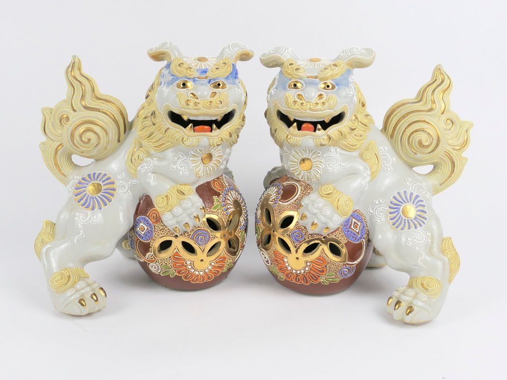 Pair of Japanese Kutani Style Foo Dog Figures