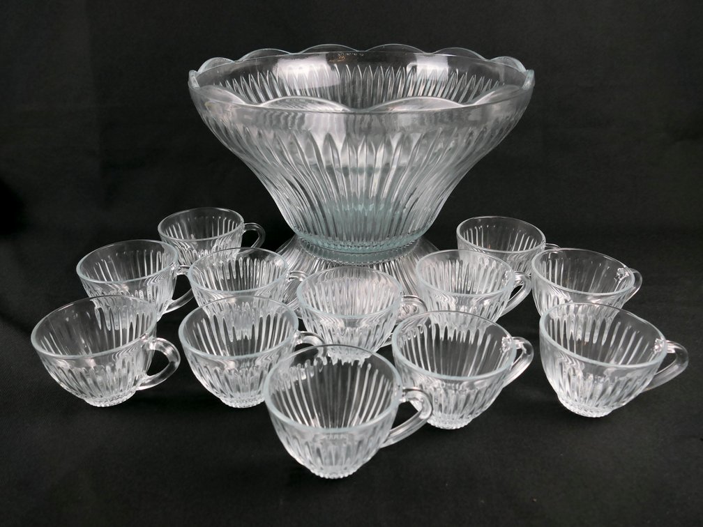 Scalloped Ribbed Glass Punch Bowl Set