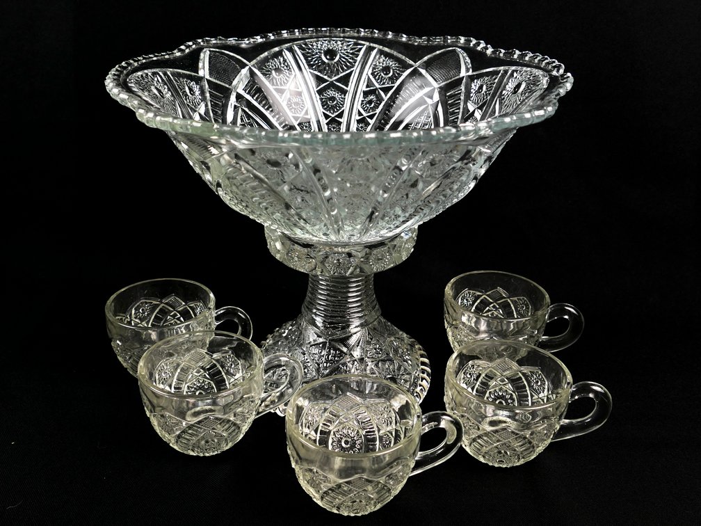 Scalloped Pressed Glass Punch Bowl with Five Cups