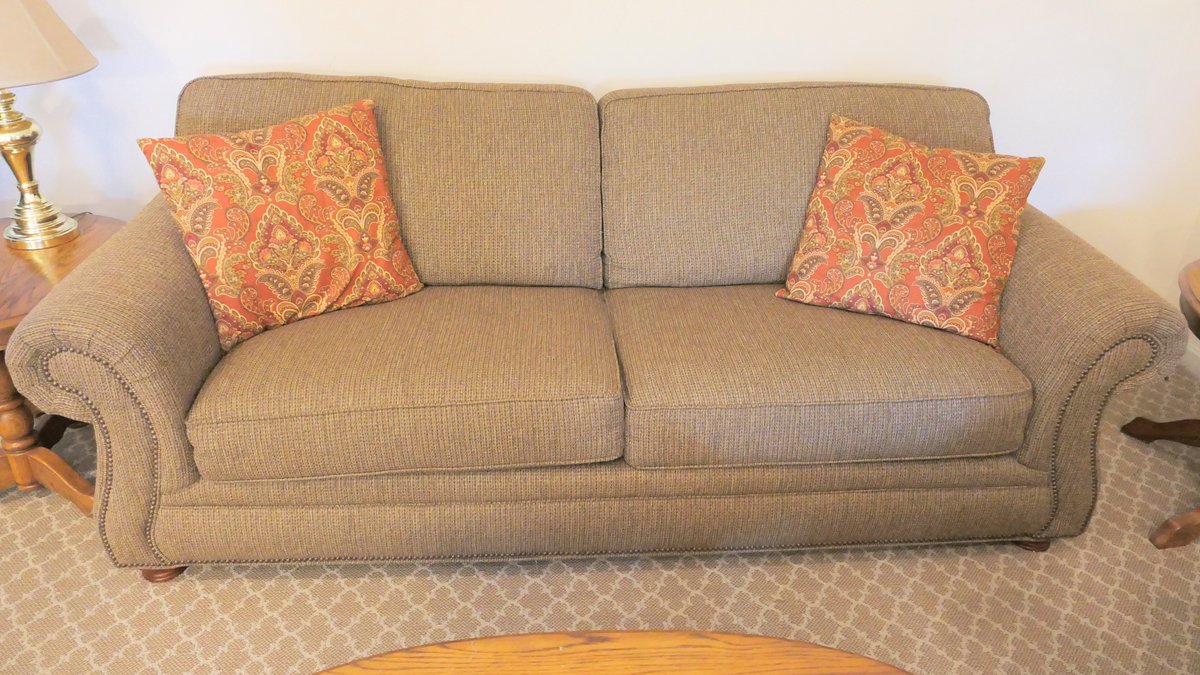 Double Cushion Scroll Arm Couch with Brass Tack Trim