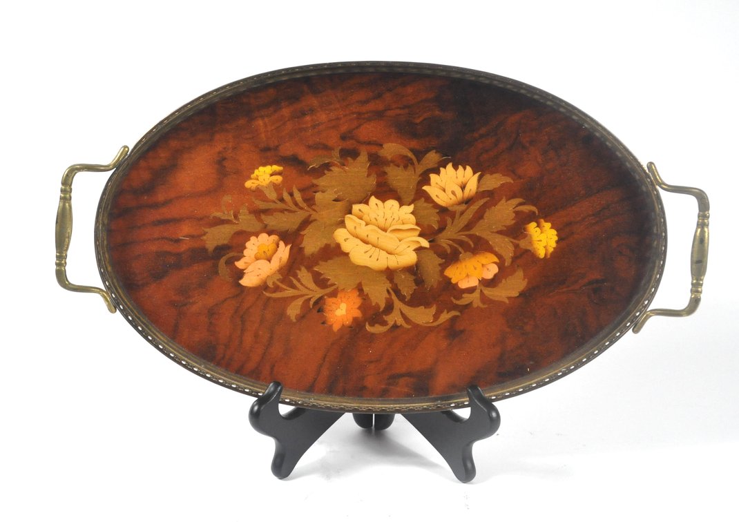 Italian Oval Wood Marquetry Gallery Tray
