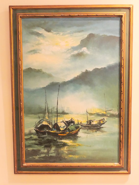 Signed Harbor Scene Painting on Canvas