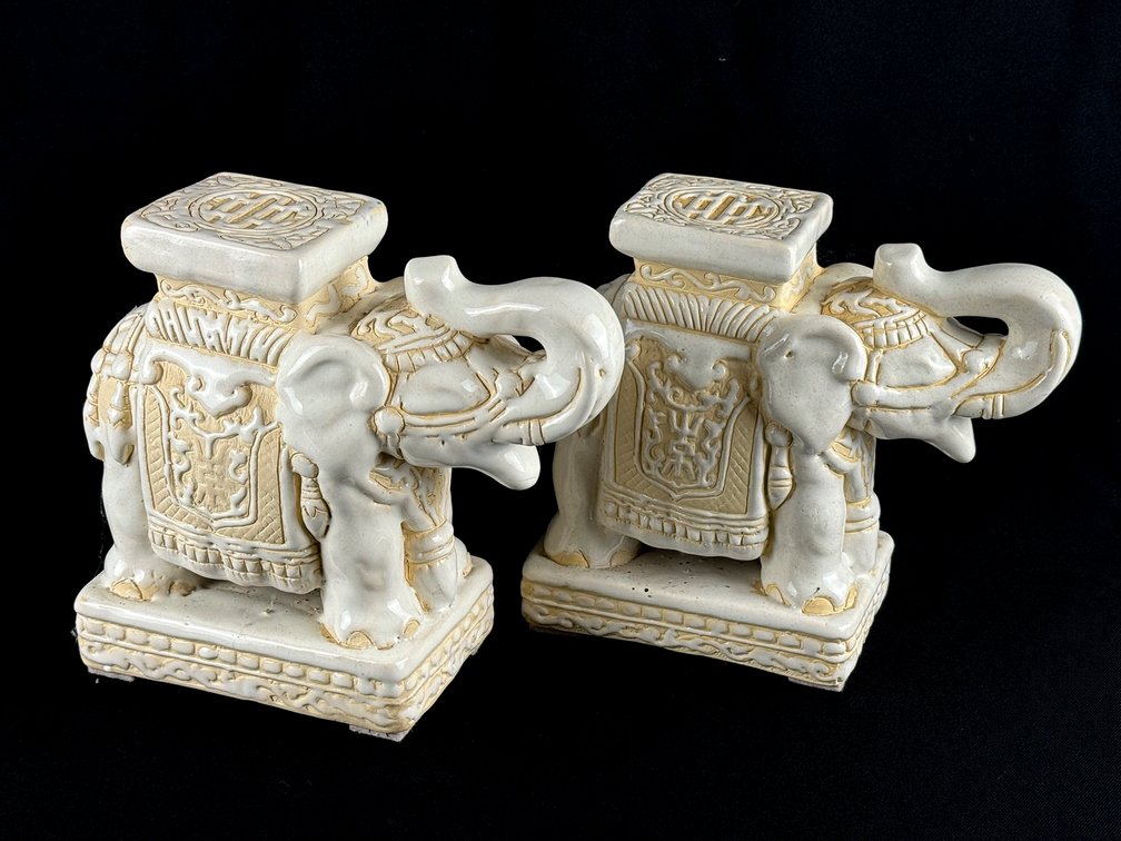 Pair of Small Glazed Ceramic Asian Style Elephant Figures