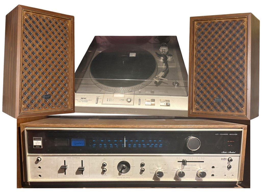 MCM Fisher 314 Wide-Surround 4/2 Channel Stereo Receiver, an Akai AP-D40 Turntable, and Pair of Panasonic SB-150 Speakers and More