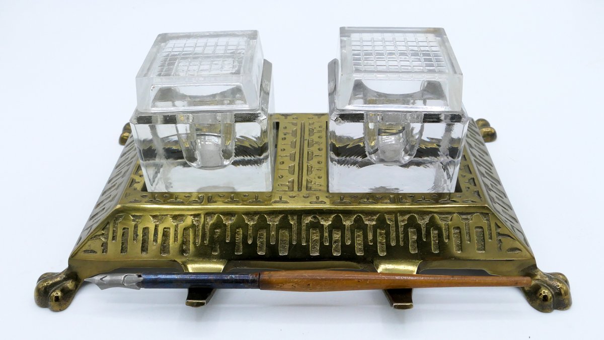 Brass Double Inkwell with Pen