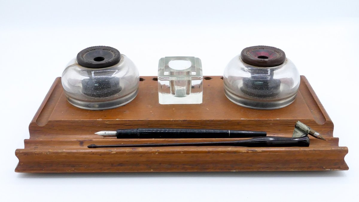 Antique Wood Desk Inkwell Set
