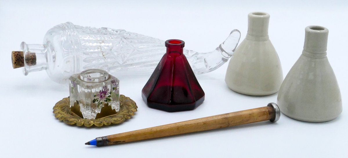 Writing Supplies, Bud Vases, and Decanter