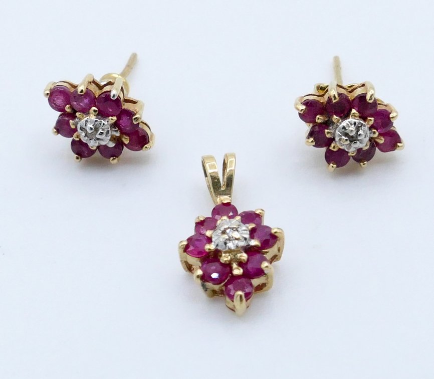 14K Gold and Ruby Pendant and Earrings
