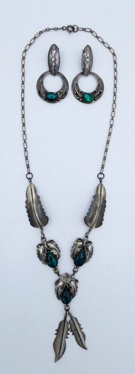Sterling Zuni Feather Necklace and Earrings