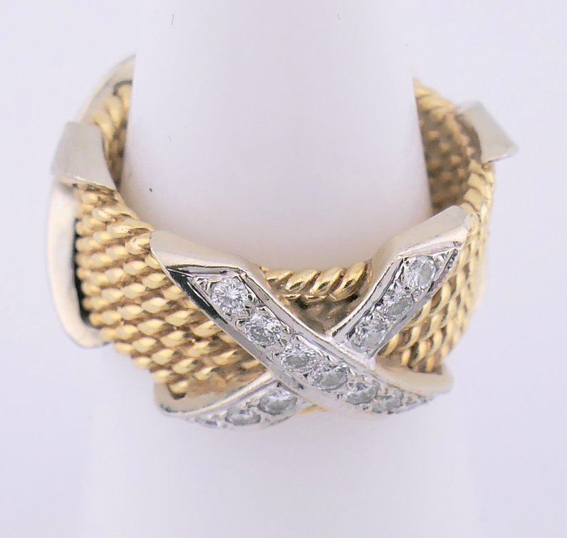 14K White and Yellow Gold Band with Diamond X Design