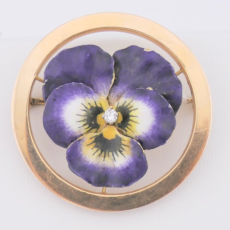 14K Gold and Enamel Pansy Brooch