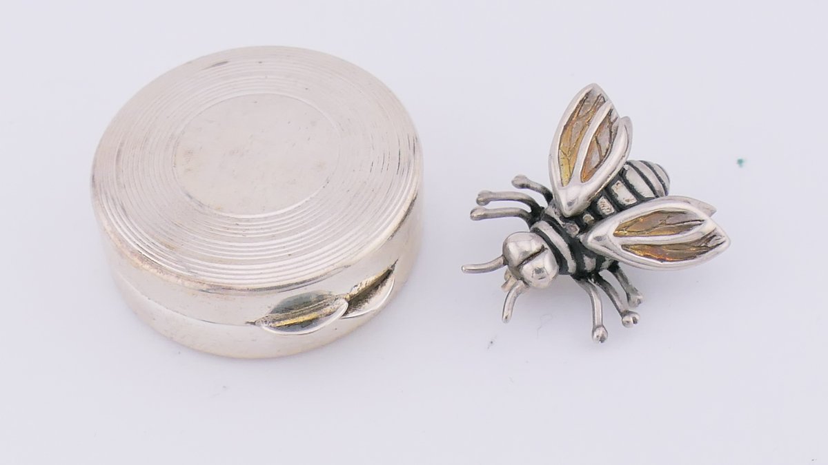 Silver Pill Box and Bee Pin