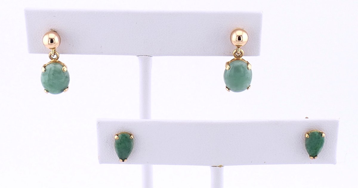 Two Pairs 14K Gold and Jade Earrings