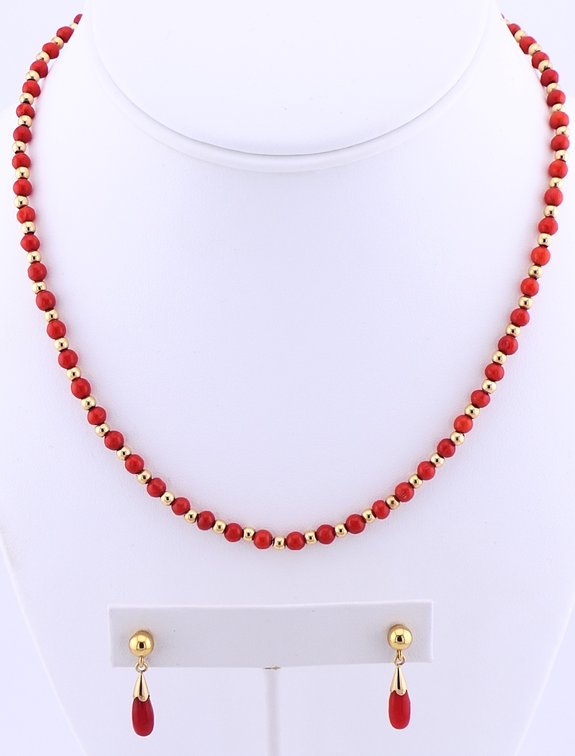 14K Gold and Coral Necklace and Earring Set