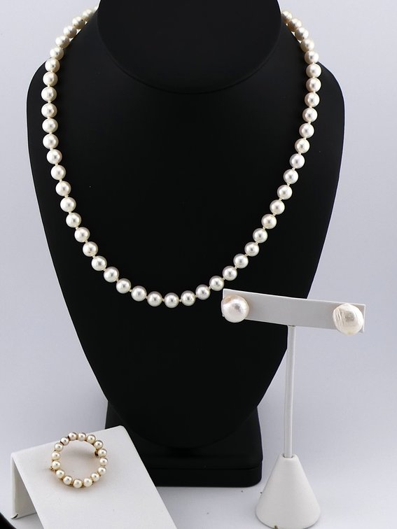 Pearl Necklace, Brooch and Earrings
