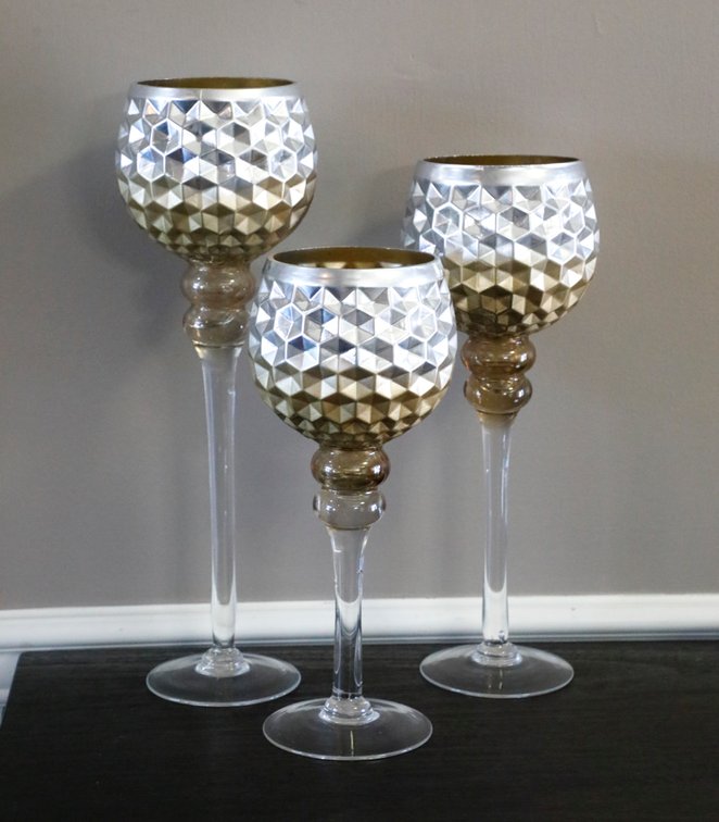 Three Glass Silver Champagne Tone Candle Holders