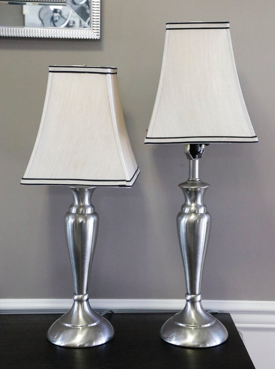 Two Silver Metal Table Lamps with Silk Shades