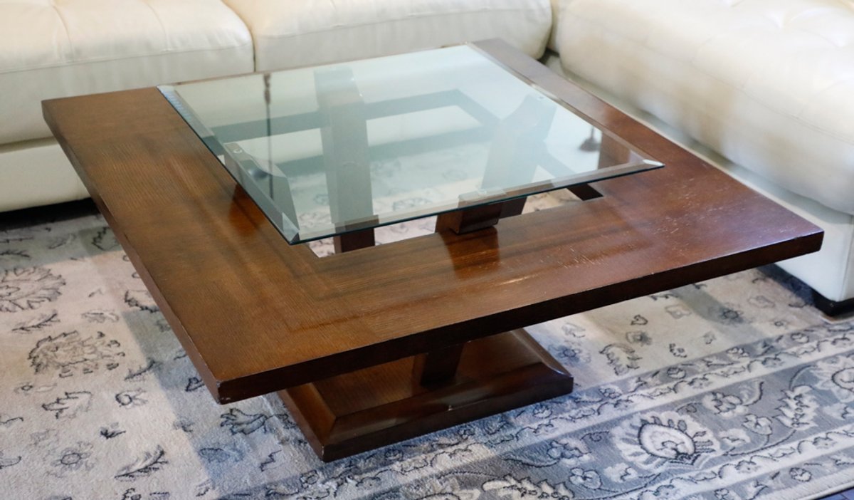 Modern Square Wood Coffee Table with Beveled Glass Tier