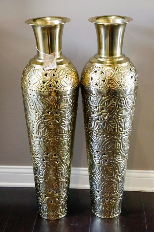Pair of Ornate Gold-Tone Metal Floor Vases