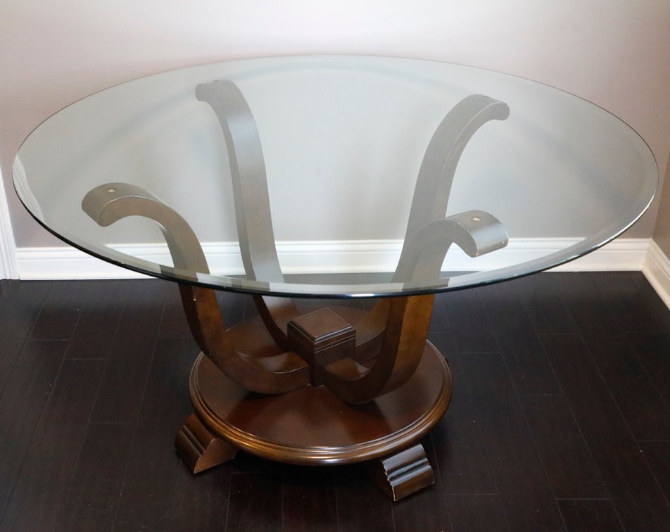 Circular Dark Mahogany Finish Beveled Glass Top Kitchen Table