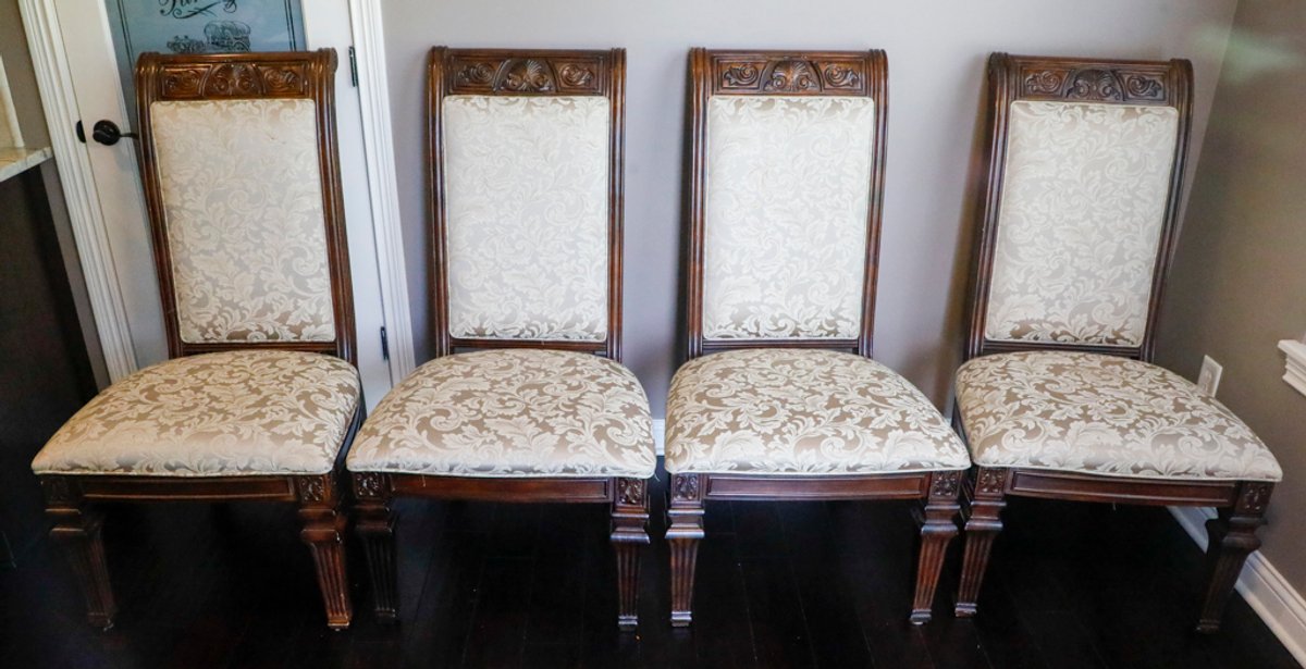 Set of Four High Back Carved Wood Upholstered Side Chairs