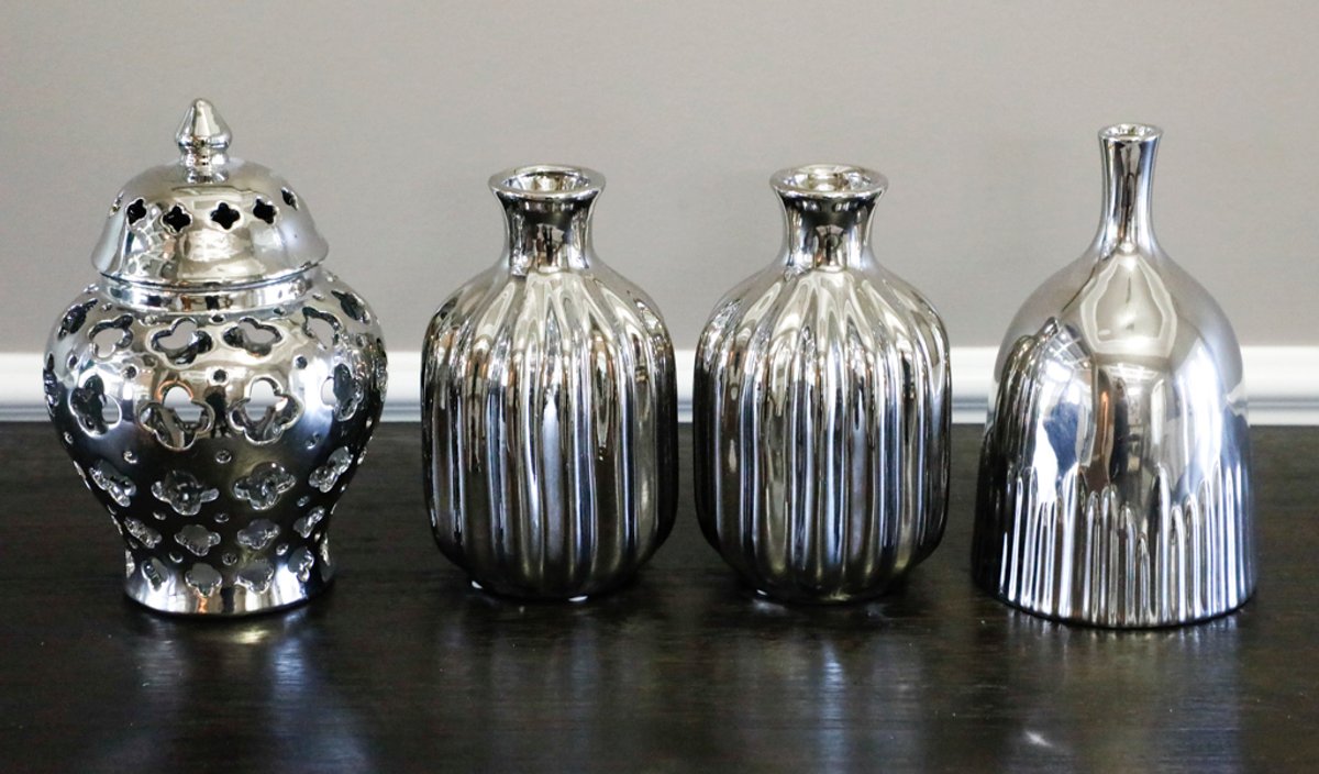 Four Chrome Silver Ceramic Pieces