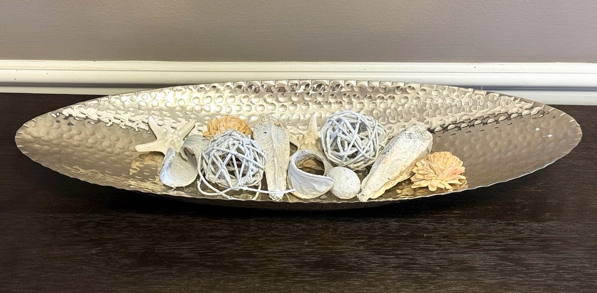 Hammered Silver Tone Oval Metal Tray with Potpourri Accents