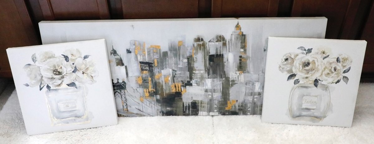 Three Canvas Prints in Grays and Gold