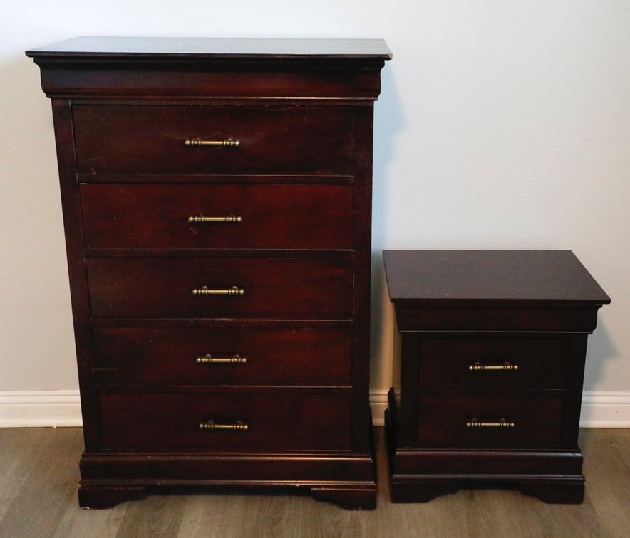 Dark Mahogany Finish Chest of Drawers and Night Stand