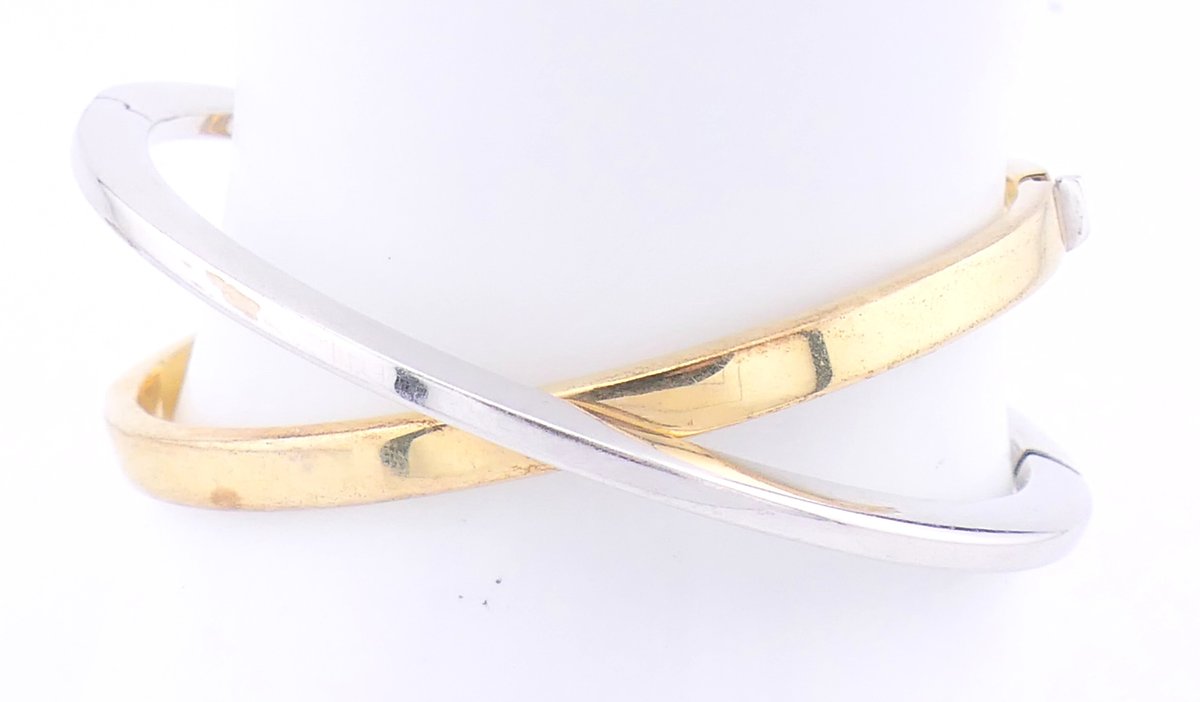 14K Yellow and White Gold Criss Cross Bangle Bracelet