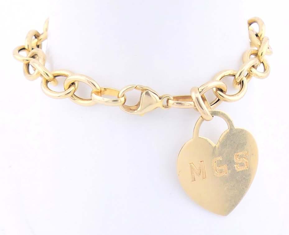 14K Gold Chain Link Bracelet with Heart Tag