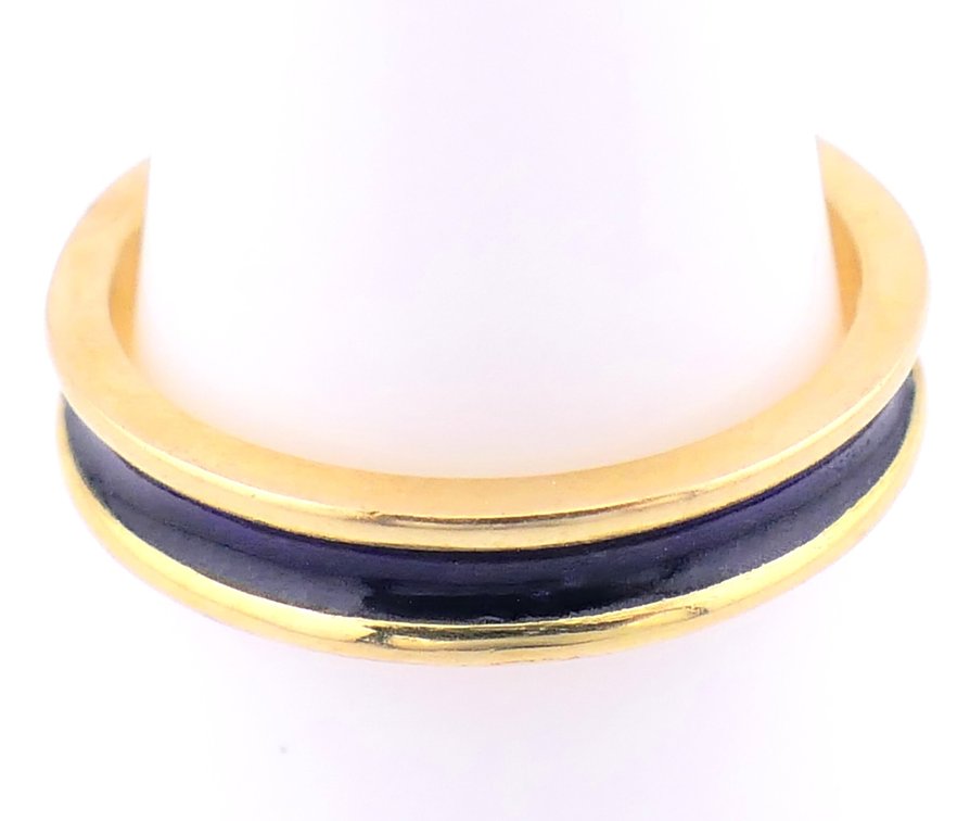 18K Gold Band Ring with Blue Enamel Stripe