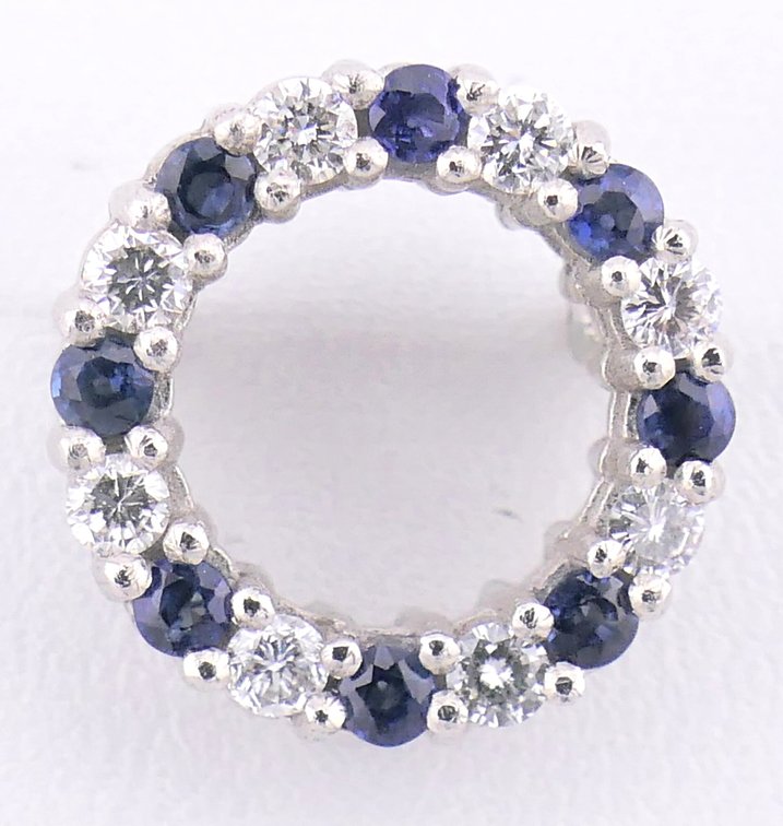 14K White Small Gold Circle Brooch with Diamonds and Sapphires