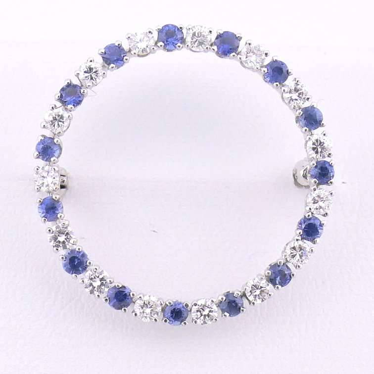 14K White Gold Circle Brooch with Diamonds and Sapphires