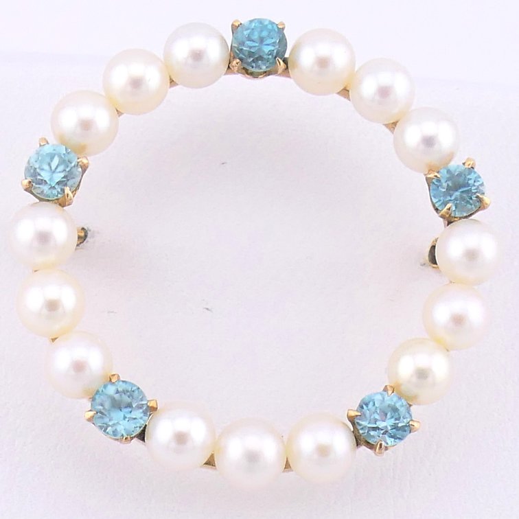 14K Gold Pearl and Blue Topaz Brooch