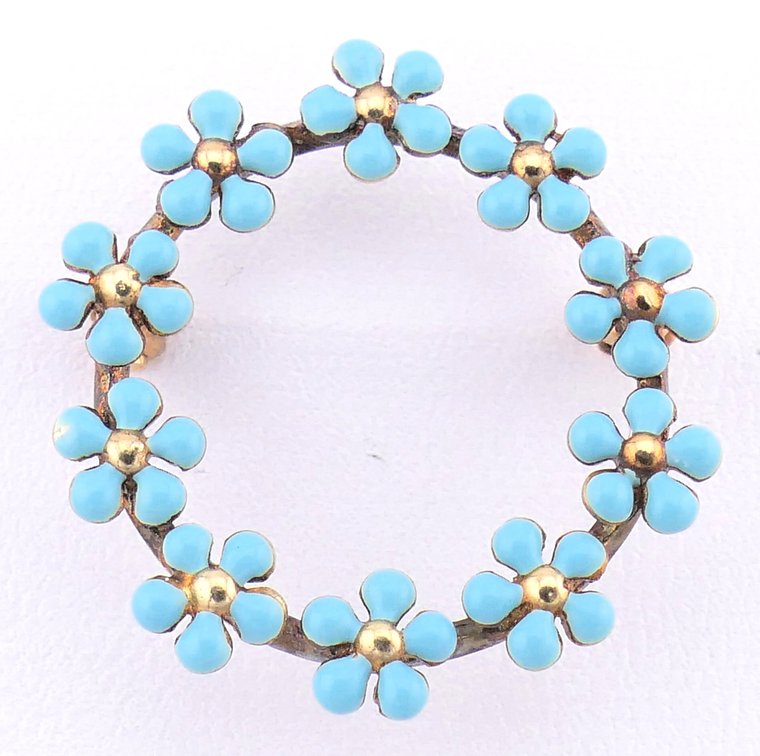 14K Gold Circular Brooch with Blue Enamel Flowers