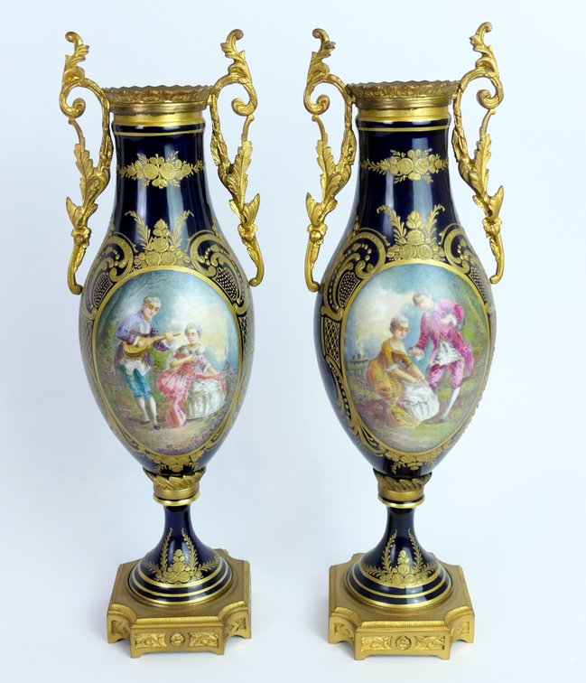 Pair of 19th Century Cobalt Blue Sevres Style Porcelain Urns