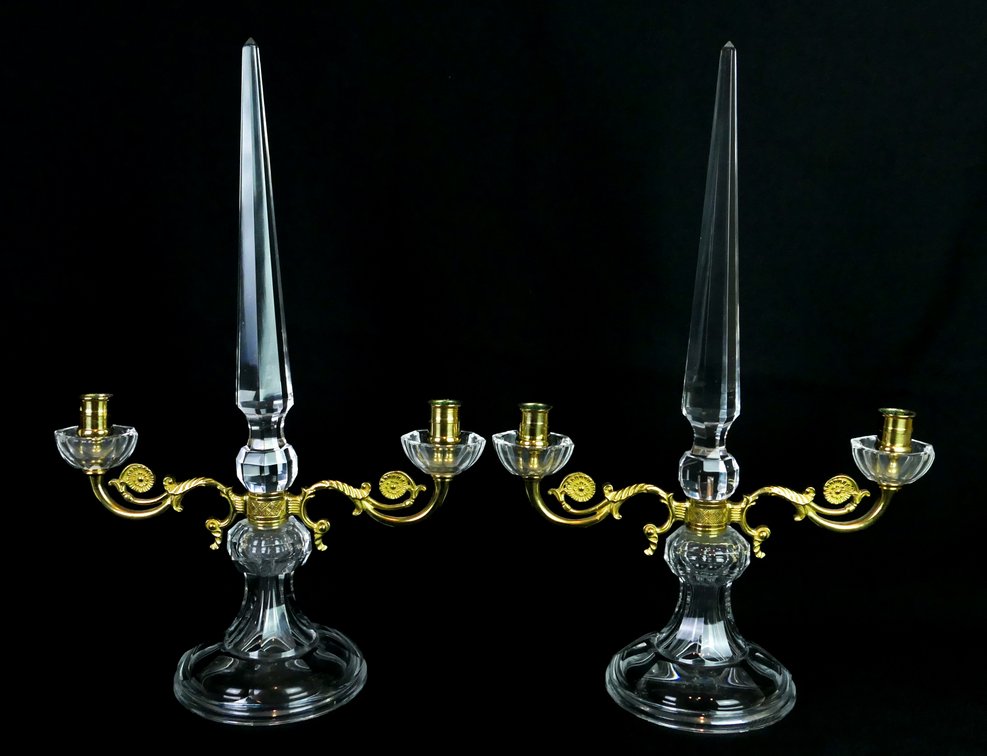 Pair of French Baccarat Crystal Dore Bronze Ormolu Obelisk Candelabras