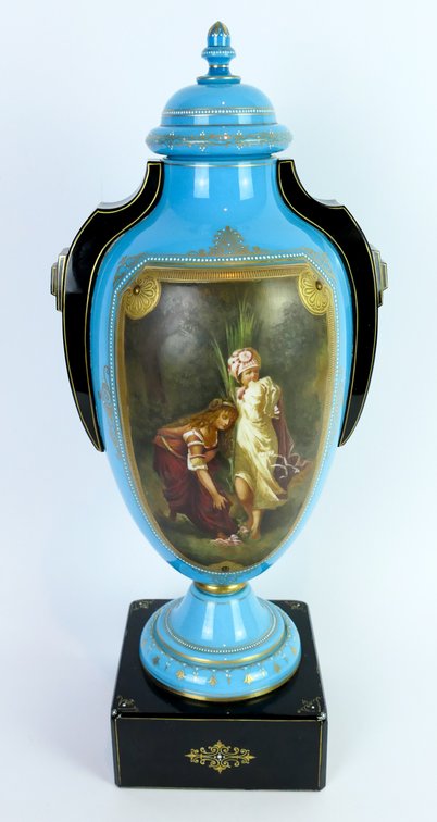 Antique French Sevres Style Porcelain Hand-Painted Turquoise Vase