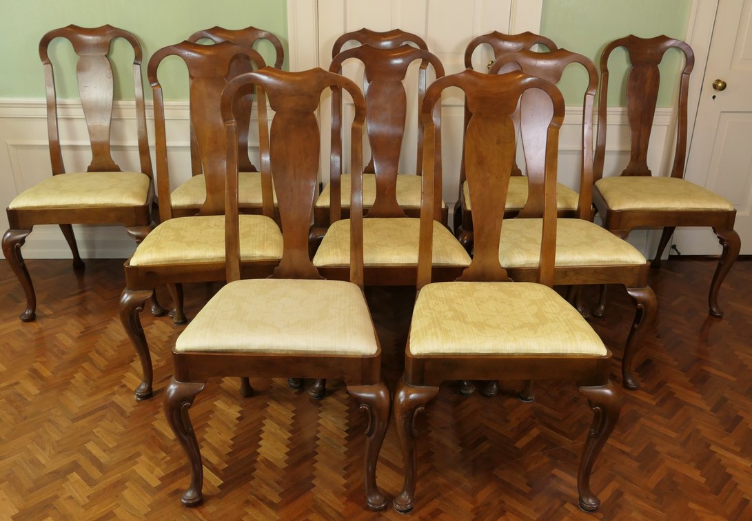 Set of Ten Mahogany Queen Anne Style Dining Chairs
